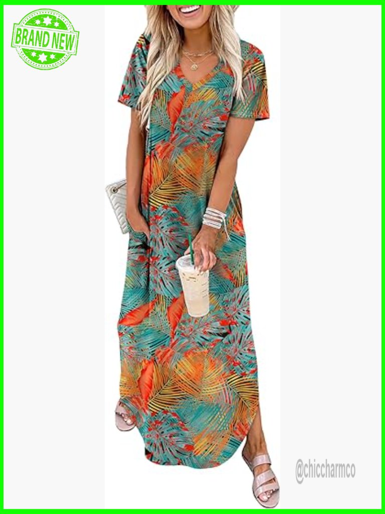 V-Neck Maxi Dress With Pockets Short Sleeve Loose Fit Beach Summer Vacation